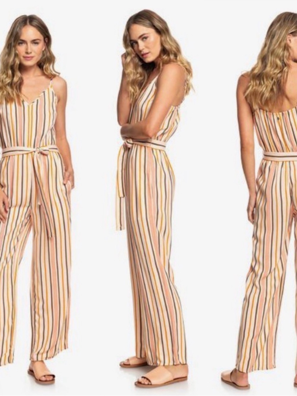 Roxy Beachy Pink & Brown Striped Tie-Waist Jumpsuit